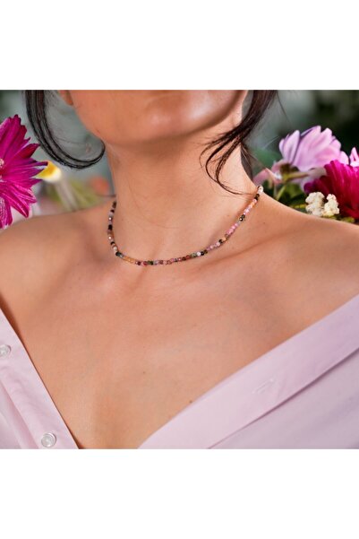 Ezera Μίνι Κολιέ Τσόκερ με Ημιπολύτιμη Πέτρα Τουρμαλίνη Ουράνιου Τόξου