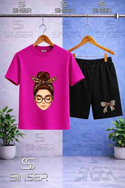 SS SİNSER Kids' Girls Ribbon Full Face Printed Crew Neck T-Shirt - Shorts Set