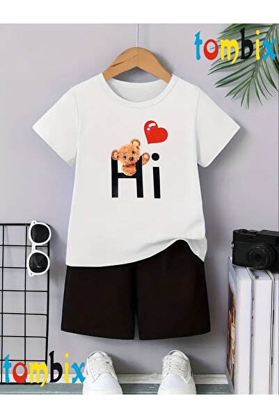 tombix Hearted Hi̇ Bear Printed T-Shirt Shorts Summer Children's Set