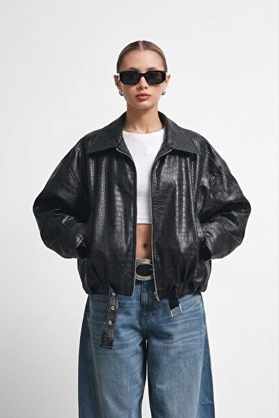Jaglion Luvren Black Trend Oversized Bomber Belted Leather Jacket