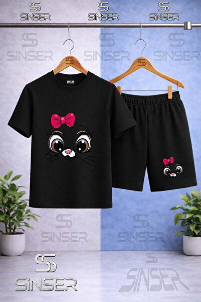 SS SİNSER Kids' Cat Eye Pmbe Krdl Printed Crew Neck T-Shirt - Shorts Set