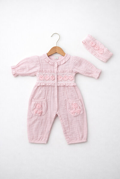 Kardeşler Bebe Floral Detailed Muslin Baby Girl Jumpsuit
