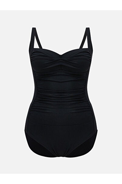 LC Waikiki Μαύρο γυναικείο μαγιό με λαιμόκοψη καρδιά και κορδόνι από την GÜLİ...