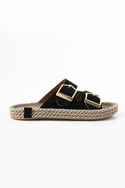 Sira Official Sole Black Suede Genuine Leather Double Buckle Slippers