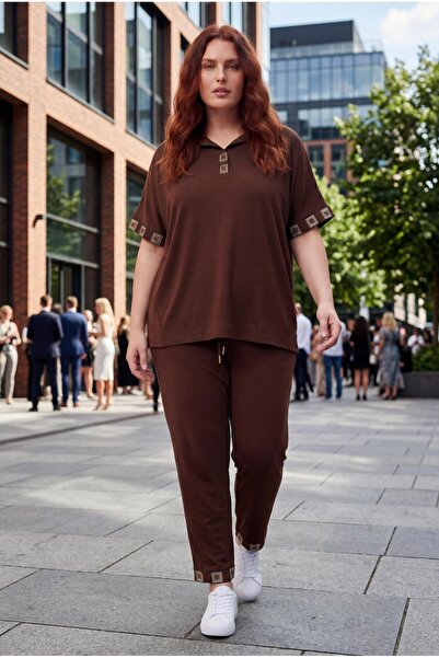 Ebsumu Γυναικείο Σετ Φόρμας Μεγάλου Μεγέθους με Γιακά Πόλο και Υφασμάτινο Καφ...