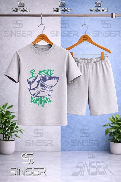 SS SİNSER Kids' Shark Purple Green Printed Crew Neck T-Shirt - Shorts Set