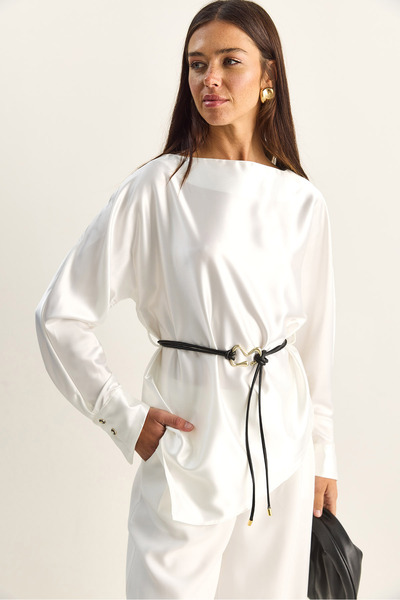 Bianco Lucci Women's Asymmetrical Cut Belt Detailed Satin Blouse 7044 60286106