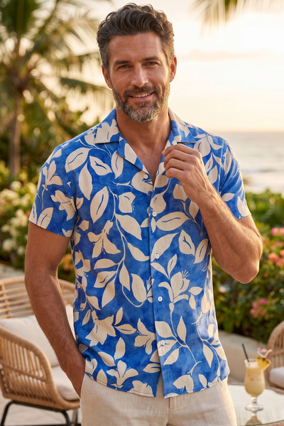 Exve Exclusive Μπλε μπεζ φλοράλ εμπριμέ με φυσικό αναπνεύσιμο βισκόζη, άνετο ...