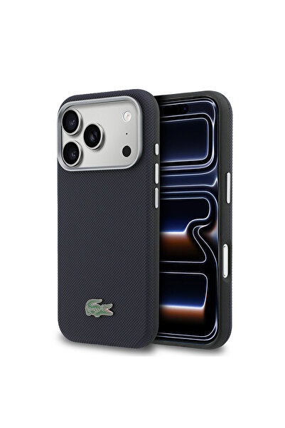 Lacoste Полуобгръщащ калъф от пике с MagSafe за iPhone 17 Pro, син