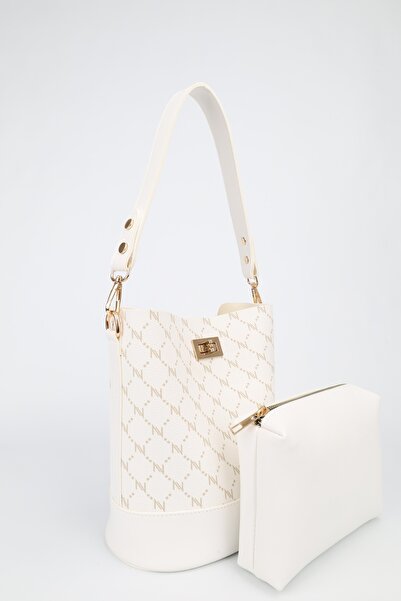 NOTHING Γυναικείο μονόγραμμο λευκό πορτοφόλι με λεπτομέρεια σε σχήμα κουβά, τ...