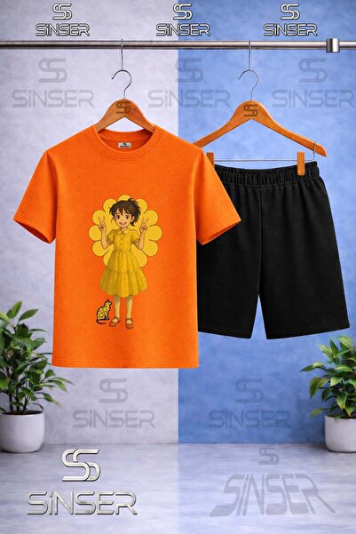 SS SİNSER Kids' Hvn Girl Anime Printed Crew Neck T-Shirt - Shorts Set