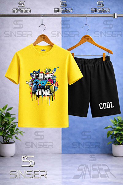 SS SİNSER تي شيرت للأطفال بطبعة GAME TIME COOL ذو ياقة دائرية - طقم شورت