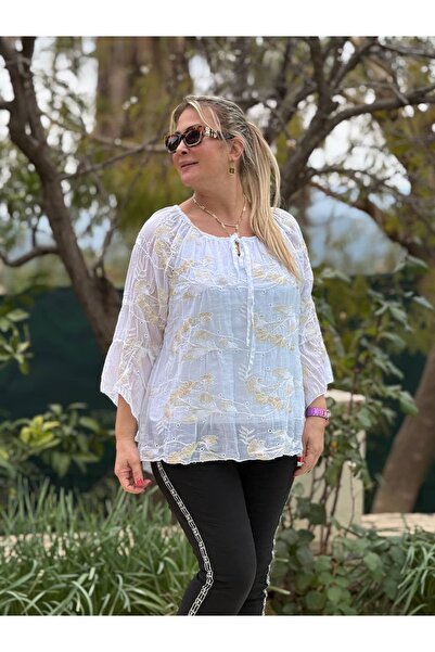 Punta Otantik NC1098 Ιταλική Μπλούζα από Μεταξωτή Βισκόζη με Γκλίτερ Λευκή