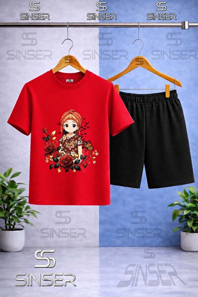 SS SİNSER تي شيرت للأطفال بياقة دائرية مطبوع عليه JYN ANIME GIRL - طقم شورت