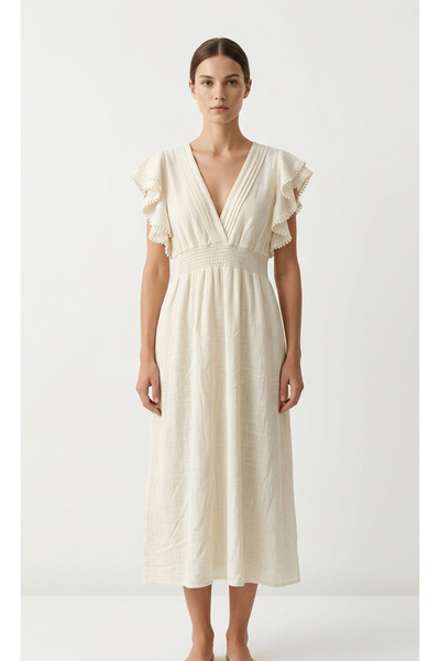 SHIN Butik SHIN Volan Kol V Yaka Siyah Midi Elbise