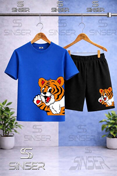SS SİNSER Children's Yandan Cute Tiger Printed Crew Neck T-Shirt - Shorts Set