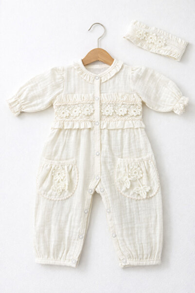 Kardeşler Bebe Floral Detailed Muslin Baby Girl Jumpsuit