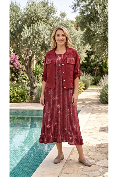 Punta Otantik NC25492 Ιταλικό σετ σακάκι φόρεμα με φλοράλ σχέδια μπορντό