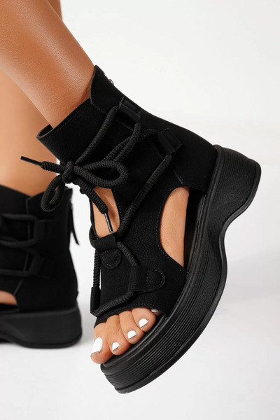 Zaira Γυναικεία μαύρα σανδάλια πλατφόρμας από οικολογικό δέρμα Calista # 2483...