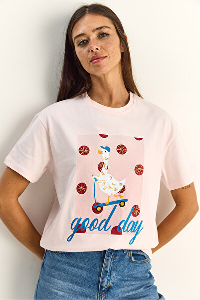 Bianco Lucci Γυναικείο μπλουζάκι Good Day με στάμπα και λεπτομέρεια κεντήματο...
