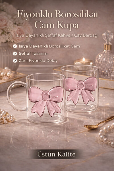 DİVAYS Bowknot Borosilicate Glass Mug Set of 2 Heat Resistant Transparent Cof...