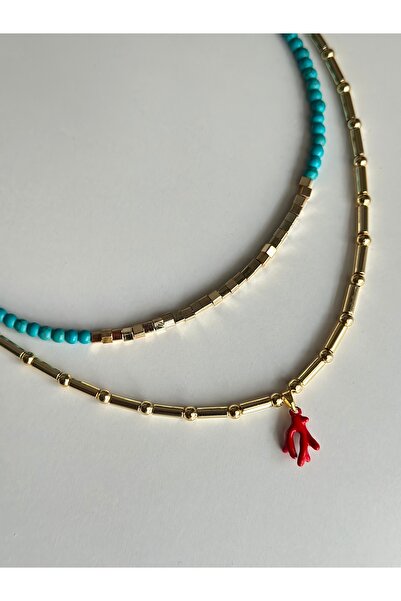 mibrillo Turquoise Bead Double Summer Necklace Trendy Necklace Set