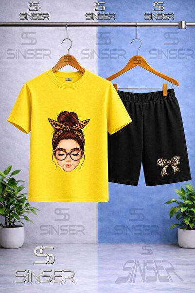 SS SİNSER Kids' Girls Ribbon Full Face Printed Crew Neck T-Shirt - Shorts Set