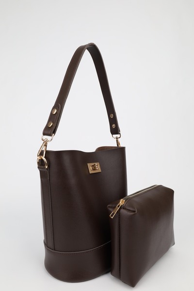 NOTHING Γυναικείο καφέ πορτοφόλι με λεπτομέρειες, μοντέλο κουβά, τσάντα χειρό...