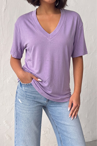 NEW JOURNAL Γυναικείο μπλουζάκι λιλά με λαιμόκοψη V και κοντό μανίκι Basic T-...