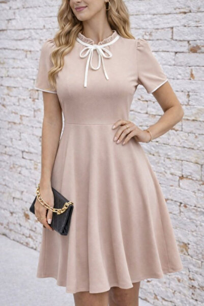 JANES Women's Short Sleeve Collar Lace-Up and Ruffled Midi Crepe Dress