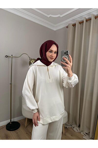 Nuss 1093 Şerit Detaylı Pantolonlu Takım Ekru