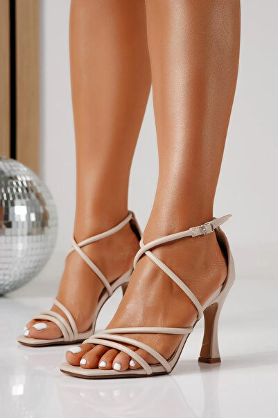 Zaira Γυναικεία μπεζ πέδιλα με τακούνι από οικολογικό δέρμα Nisa # 24778 - 35