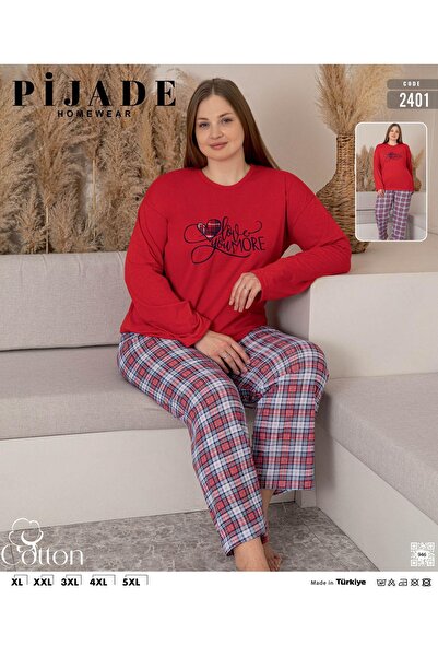 PİJADE HOMEWEAR Large Size Cotton Patterned Long Sleeve Pajama Set