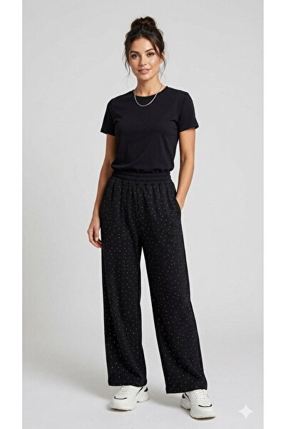 BEYAZTOPTAN Γυναικείο μαύρο παντελόνι φόρμας με λεπτομέρειες από αστραφτερή π...