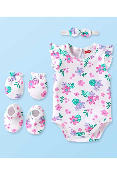 Babyhug بدلة نوم محبوكة بأكمام نصفية مطبوعة بالزهور مع عصابة رأس وقفازات وأحذ...