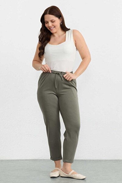 Selen Büyük Beden Beli Lastikli Duble Paça Örme Pantolon / HAKİ