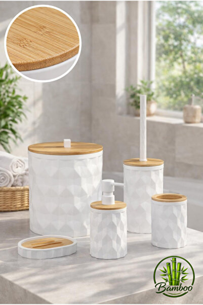 Store Hgy Home Real Bamboo Detailed Off-White Diamond Σετ Μπάνιου 5 τεμαχίων