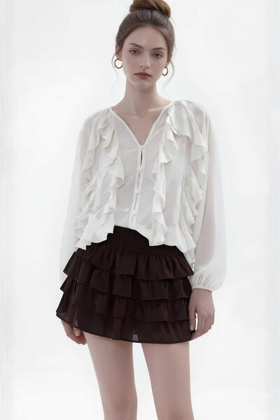 Shopping Shop Ruffled Chiffon Blouse Shirt Ecru