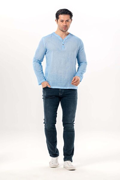 Eliş Şile Bezi Μακρυμάνικο ανδρικό μπλουζάκι Bora με λαιμόκοψη V και κουμπιά ...