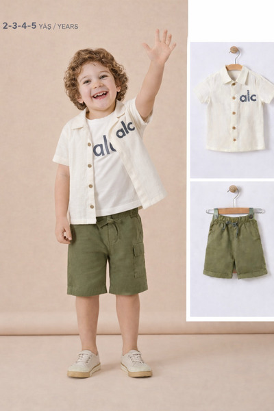 Nissara Kids Erkek Çocuk 3’lü Yazlık Takım Gömlek Tişört Şort Set 2-5 Yaş
