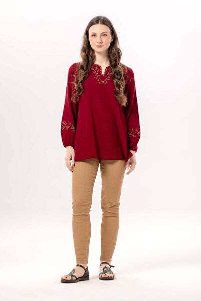 Eliş Şile Bezi Long Sleeve Nevin Embroidery Detailed V-Neck Summer Shile Fabr...