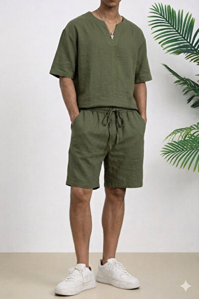 Tarz Cool Ανδρικό σετ σορτς oversized με μπλουζάκι με λαιμόκοψη V και σκίσιμο...