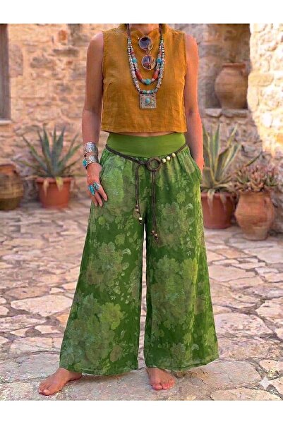 AYASOFYA OTANTIK Γυναικείο ιταλικό παντελόνι από λινό με πράσινο σχέδιο τριαν...