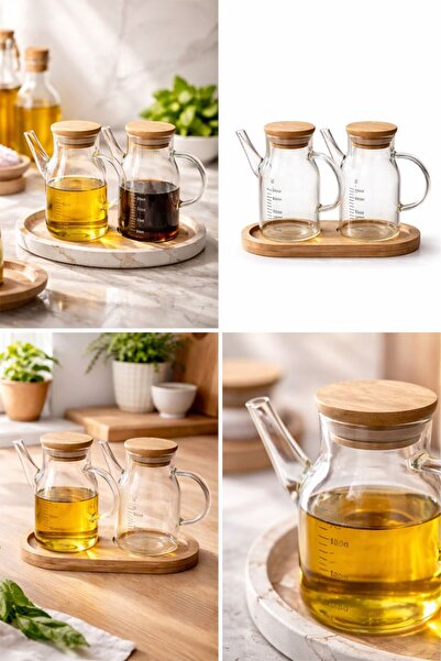 MODA OZY 2'li 200ml Mini Yağdanlık ve Sosluk Seti, Bambu Stantlı ve Vakumlu B...