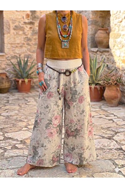 AYASOFYA OTANTIK Γυναικείο ιταλικό παντελόνι από λινό σε μπεζ χρώμα με ροζ σχ...