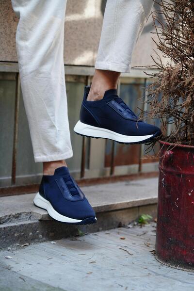 TETRİ Lena Model Genuine Leather Handmade Navy Blue Knitwear Sneaker Shoes
