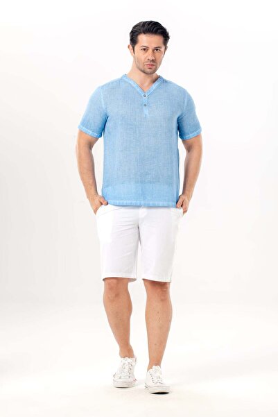 Eliş Şile Bezi Ανδρικό μπλουζάκι ποπλίνα με κοντό μανίκι και λαιμόκοψη V με κ...