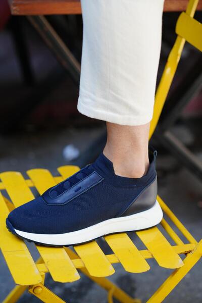 TETRİ Lena Model Hakiki Deri El Yapımı Lacivert Triko Sneaker Ayakkabı