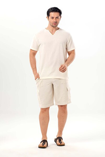 Eliş Şile Bezi Ανδρικό καλοκαιρινό κοντομάνικο εσώρουχο με λαιμόκοψη V, κρεμ ...