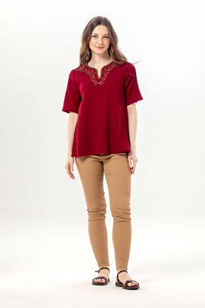 Eliş Şile Bezi Κοντομάνικη Κεντημένη Μπλούζα Nevin με λαιμόκοψη V, Καλοκαιριν...